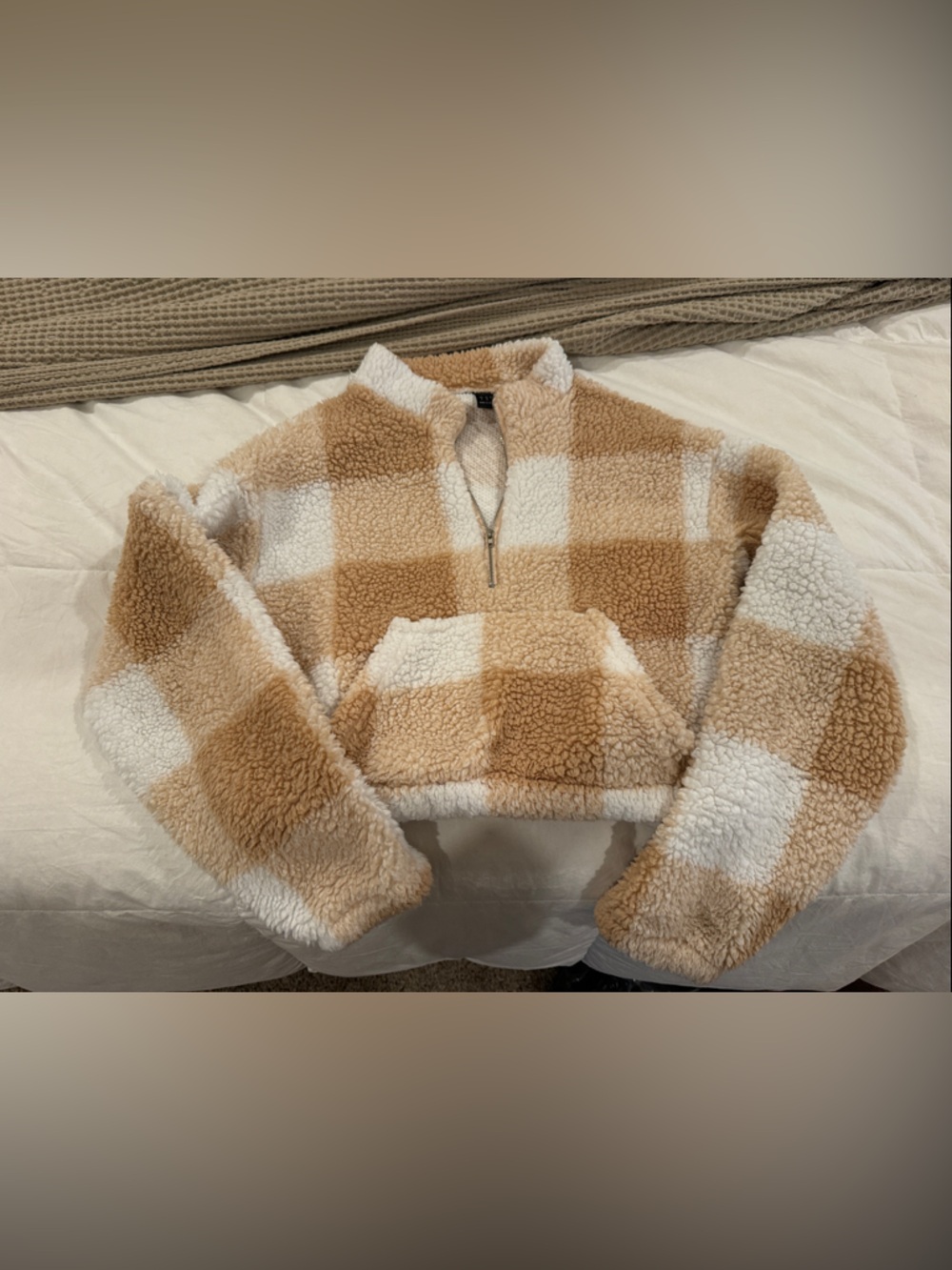SHEIN Tan and White Checkered Sherpa Half-Zip Pullover